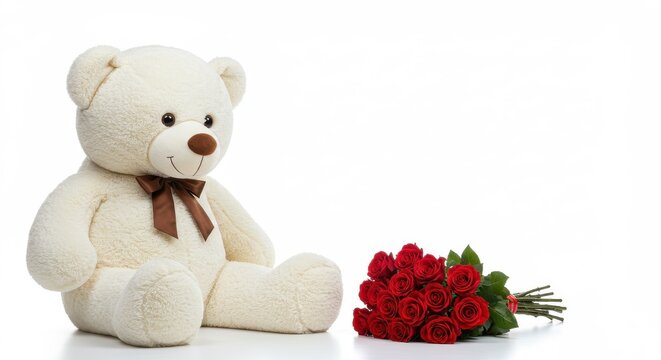 A large white Valentines day plush teddy bear with a round head is seated just beside a red rose bouquet big bouquet of natural roses on white background