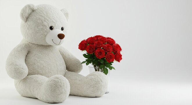 A large white Valentines day plush teddy bear with a round head is seated just beside a red rose bouquet big bouquet of natural roses on white background
