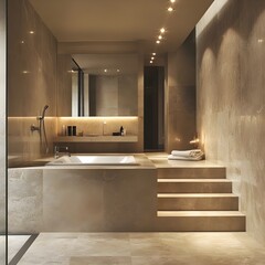 Wall Mural - A bathroom with natural stone tiles and soft recessed lighting.