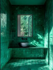 Sticker - A bold bathroom with emerald green subway tiles and matte black fixtures.