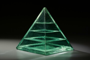 Poster - Green glass pyramid with horizontal lines shining on a dark background