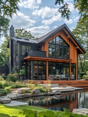 Canvas Print - A loft-style home with exposed steel beams, large industrial windows, and a rooftop garden.