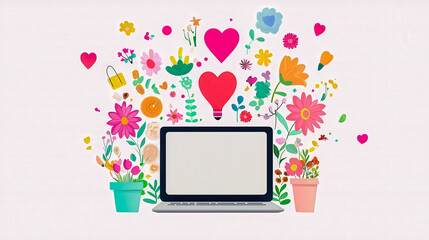 Colorful flowers and hearts surround a laptop, representing creativity and connection in a digital world