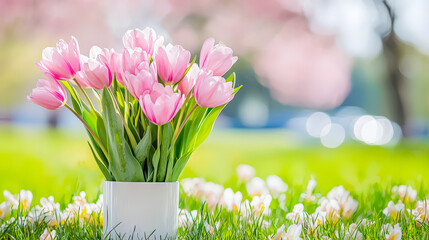 Wall Mural - Bright pink tulips in a white vase amidst blooming flowers on a sunny spring day in a park