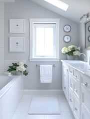 Canvas Print - A bright bathroom with a skylight, marble tiles, and a minimalist walk-in shower.