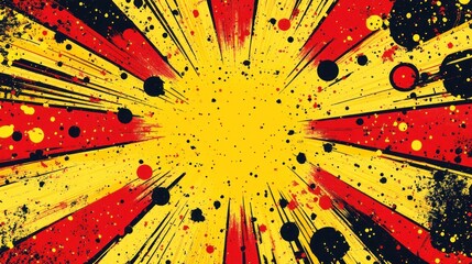 Poster - Colorful explosion of red, yellow, and black paint splatters on a bright background