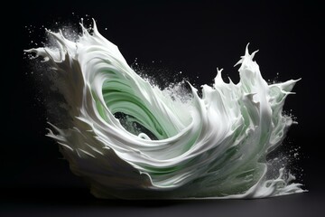 Poster - White and pastel green paints are mixing and splashing, forming an abstract wave on a black background