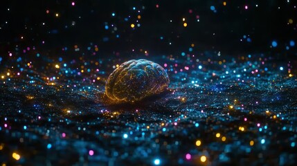 Poster - A glowing brain rises from colorful sparkles in a dark space, creating a captivating visual