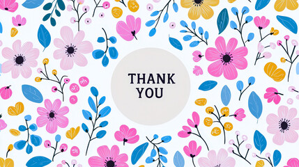 Leinwandbilder - Colorful floral illustration with a thank you message in a circle surrounded by various flowers and leaves