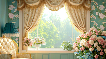 Poster - Elegant floral decor and bright sunlight streaming through a window in a charming room with a luxurious ambiance