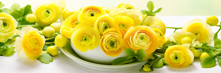 Wall Mural - Bright yellow ranunculus flowers elegantly arranged in a white bowl on a table