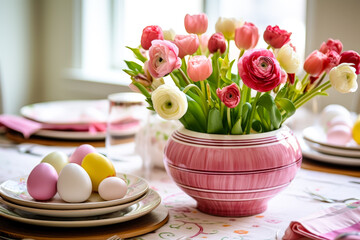 Poster - Spring table setting with pastel eggs and colorful flower arrangement in a cozy dining space