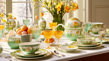 Poster - Elegant spring dining table setting with floral decorations and fresh eggs in a bright room