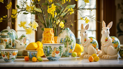 Poster - Colorful display of spring decorations featuring floral pottery, bunnies, and fresh fruits on a marble table