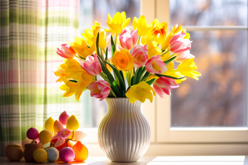 Poster - Bright bouquet of tulips and daffodils arranged in a vase on a sunlit windowsill during springtime