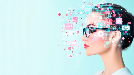 Poster - Woman in glasses with colorful digital icons representing technology and innovation, showcasing a modern concept of connectivity