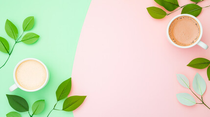 Poster - Two cups of coffee surrounded by green and pink leaves on a pastel background during a cozy midday setting