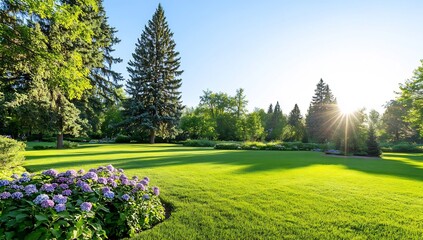 Wall Mural - Lush green park sunrise, hydrangeas, tranquil