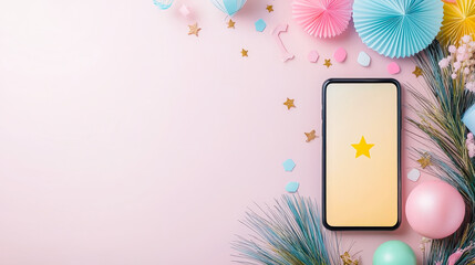 Poster - Festive smartphone display surrounded by decorative elements on a pastel background