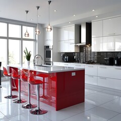 Canvas Print - A contemporary kitchen with a bold red island and sleek white cabinetry.