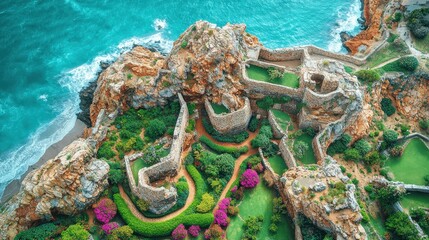 Canvas Print - Stunning Aerial View of Ancient Cliffside Fortress with Lush Gardens and Vibrant Flowers Overlooking Turquoise Ocean in Scenic Mediterranean Coastal Landscape