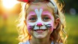 © kilimni - Portrait of caucasian curly blonde little girl smiling, with bunny or rabbit animal face painting and ears. Easter concept. Events and entertainment for kids. Birthday party, weekend, vacation