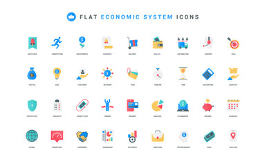Aufkleber - Economic system efficiency, financial investment, accounting color icon set. Contract money flow and dashboard analysis, payment support and protection, marketing idea flat element vector illustration