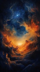 Wall Mural - Ethereal cosmic scene with glowing golden light and rich deep blue clouds