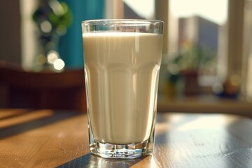 Poster - Refreshing glass of milk sits on a wooden table, illuminated by natural light streaming through a nearby window