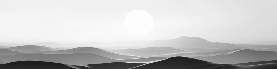 Wall Mural - Rolling hills stretching into the distance beneath a bright sun in a minimalist black and white landscape