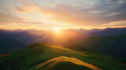 Wall Mural - breathtaking sunrise over green mountains, showcasing vibrant colors and serene nature, perfect for 