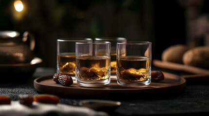 Eid Mubarak celebration with tea and dates in traditional Arab glasses on a dark background