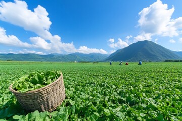 Wall Mural - Farmers harvesting greens in mountain valley