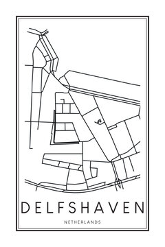 Printable downtown road map poster of the Dutch city of DELFSHAVEN on solid white background with city name