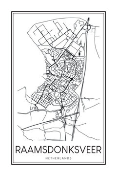 Printable downtown road map poster of the Dutch city of RAAMSDONKSVEER on solid white background with city name