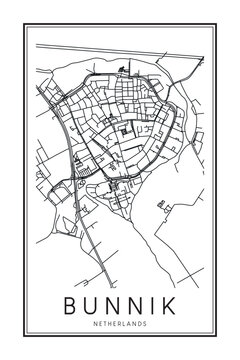 Printable downtown road map poster of the Dutch city of BUNNIK on solid white background with city name
