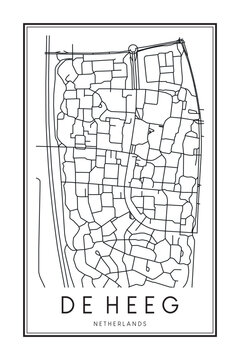 Printable downtown road map poster of the Dutch city of DE HEEG on solid white background with city name