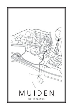 Printable downtown road map poster of the Dutch city of MUIDEN on solid white background with city name