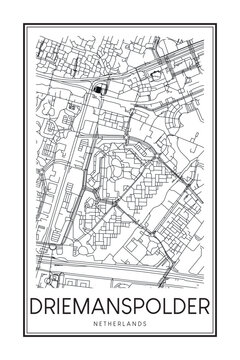 Printable downtown road map poster of the Dutch city of DRIEMANSPOLDER on solid white background with city name