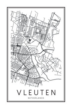 Printable downtown road map poster of the Dutch city of VLEUTEN on solid white background with city name