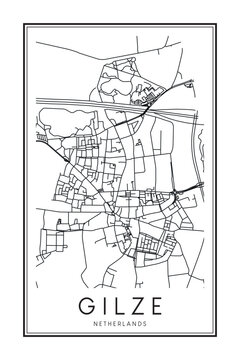 Printable downtown road map poster of the Dutch city of GILZE on solid white background with city name