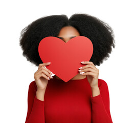 Wall Mural - African american woman hiding behind red heart image isolated transparent. Lovestruck lady cut out photo png. Playful mood. Romantic Valentine day black female cutout photography