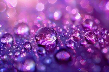 Poster - Close up of shimmering purple water droplets, creating a mesmerizing abstract pattern with beautiful bokeh