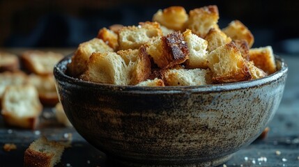 Wall Mural - a rustic ceramic bowl overflowing with artisanal sourdough croutons goldenbrown and perfectly toasted dramatic side lighting food photography style