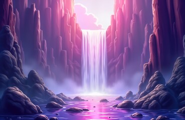 Aufkleber - Purple canyon landscape dreamy waterfall. Water cascades down purple rocks. Light pink light shines on still water. Serene, tranquil scene. Magical nature fantasy. Dreamlike, abstract illustration.