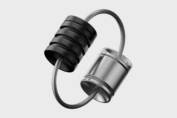 Poster - Two cylindrical objects connected by a cable, one black and one silver.