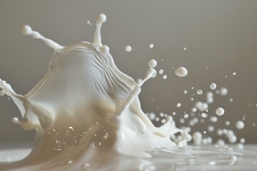 Poster - Milk is splashing and creating a beautiful crown shape with flying droplets on a gray background