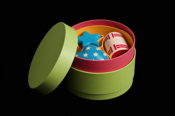 Poster - A green box with a lid open revealing a red, yellow and blue box with star and stripe themed shapes inside.