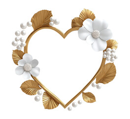 Minimal gold heart frame with flowers and pearls image isolated transparent. Romantic stylish centerpiece cut out photo png. Love theme decoration cutout element object photography