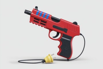 Poster - A red toy gun with a power cord and plug, symbolizing the dependence on technology.
